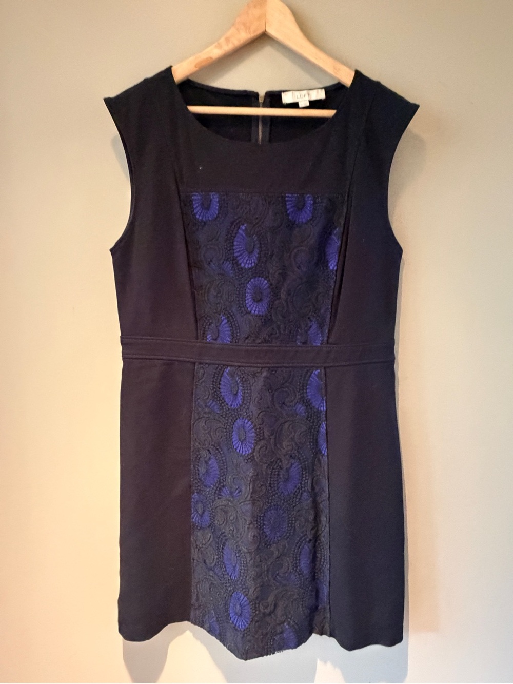LOFT Sleeveless Black Dress with Blue Lace Panel 14